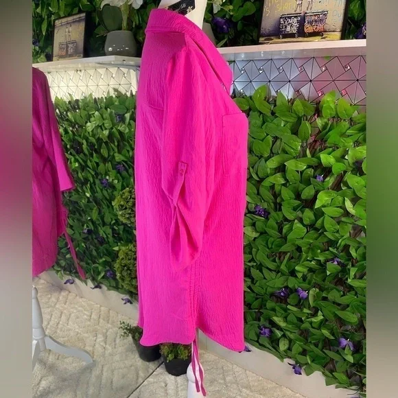NWT Blooming Jelly Small Barbie Pink Button Up Sleeve Oversized 3/4 Sleeve Shirt - Picture 3 of 9